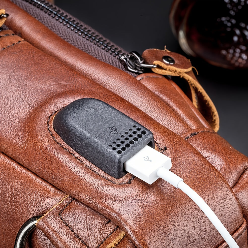 Fashion-Forward Men's Genuine Leather Bag: Adjustable, Spacious & Detailed for All Outings