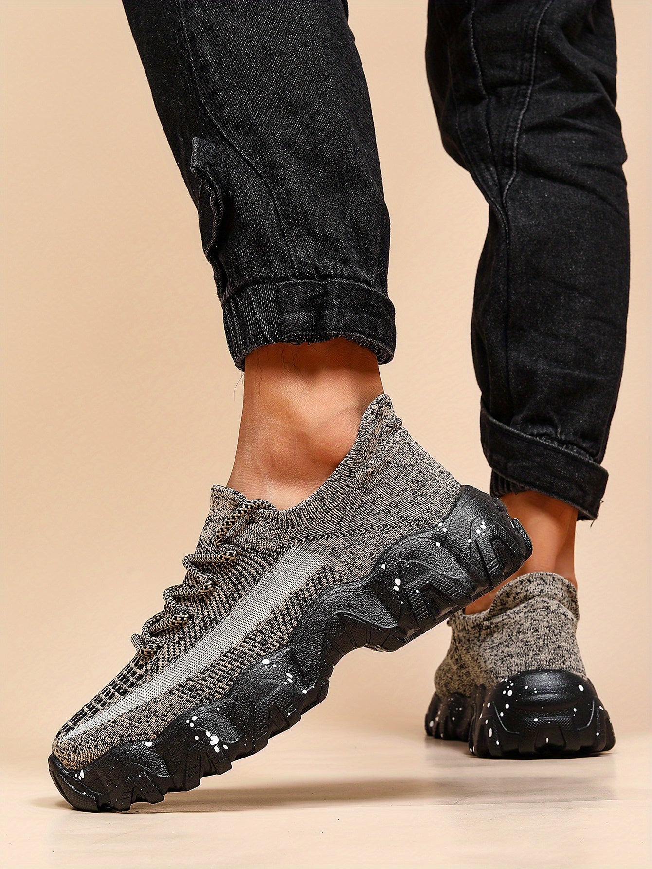 Men'S Casual Sneakers - Breathable Knit Upper, Geometric Pattern, Lace-Up Closure, Durable Rubber Sole, Comfortable Fabric Lining for Spring Sports & Casual Attire, Athletic Footwear | Geometric Pattern Shoes | Knit Construct