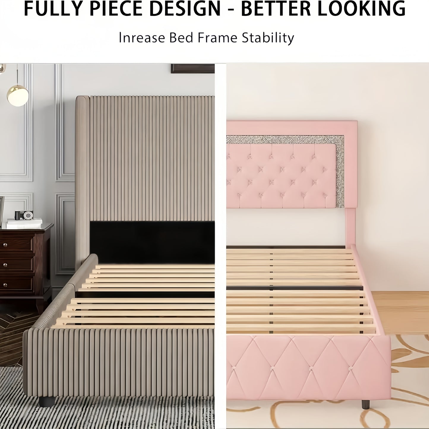 Bedroom Furniture| Elegant Beige Corduroy Upholstered Bed Frame - Soft, Low Profile Platform Bed with Vertical Tufted Headboard, No Box Spring Needed, Easy Assembly, Hardwood Fiber Board, Full Body Support, Bed Accessories