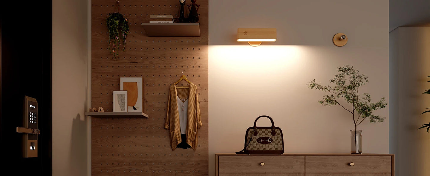 Nordic Wood Wall Lamp With 360 Rotate Dimmable Wall Sconce Touchable Magnetic For Bedroom Cordless Wall Mount Light For Reading