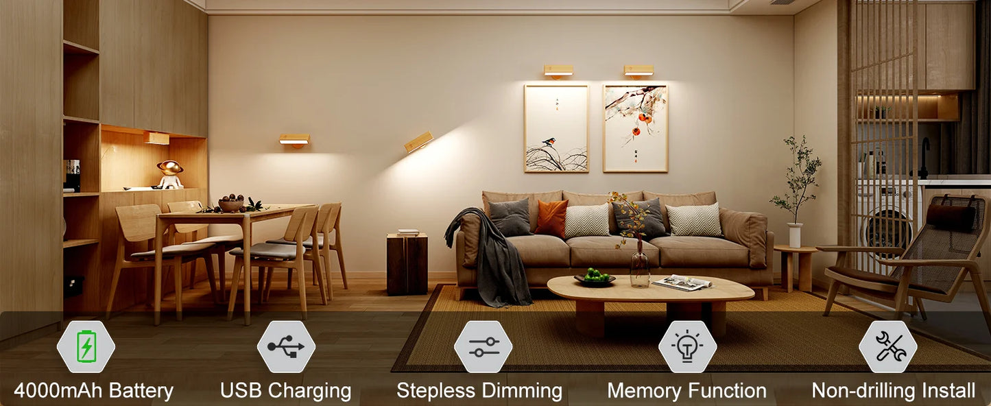 Nordic Wood Wall Lamp With 360 Rotate Dimmable Wall Sconce Touchable Magnetic For Bedroom Cordless Wall Mount Light For Reading