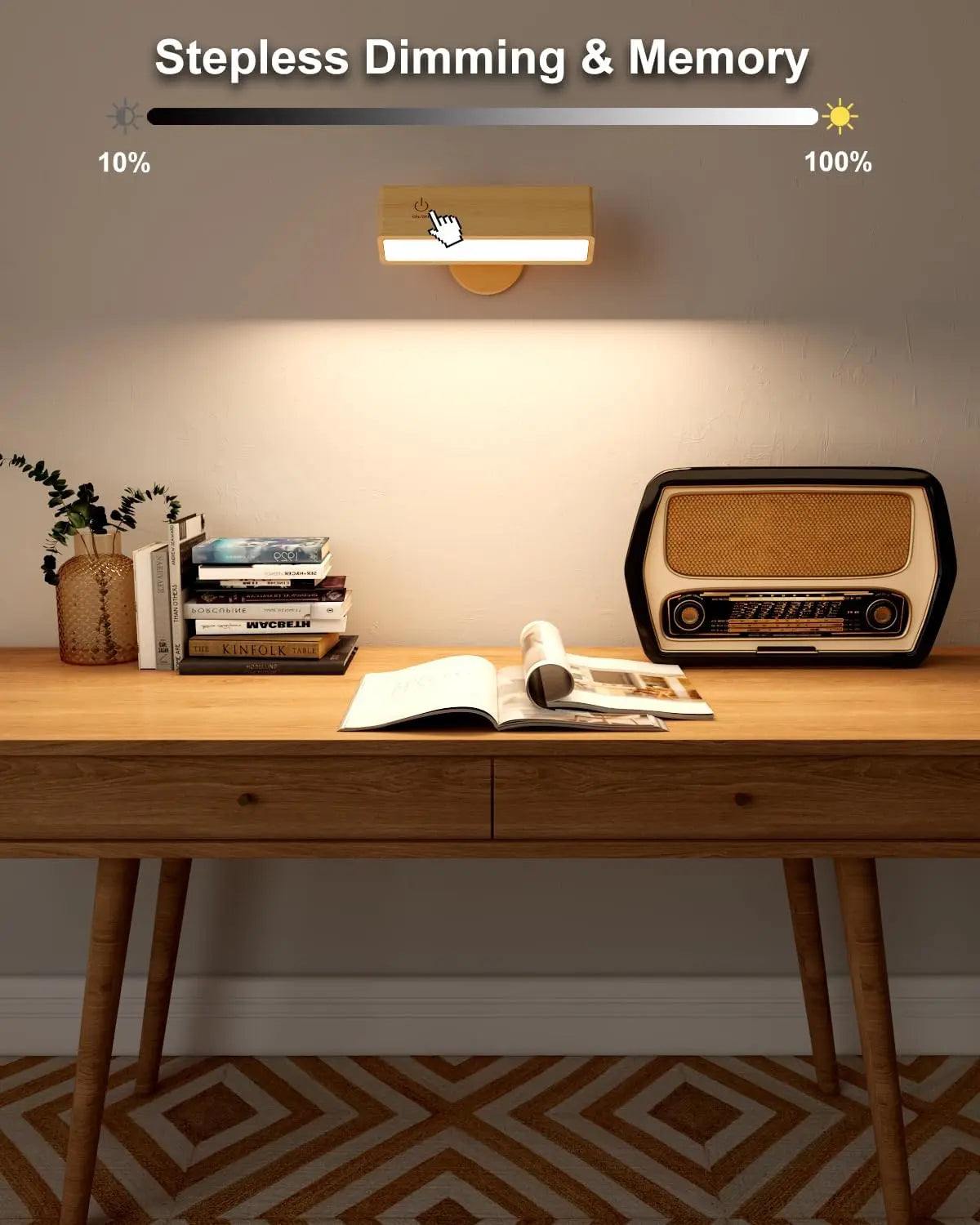 Nordic Wood Wall Lamp With 360 Rotate Dimmable Wall Sconce Touchable Magnetic For Bedroom Cordless Wall Mount Light For Reading
