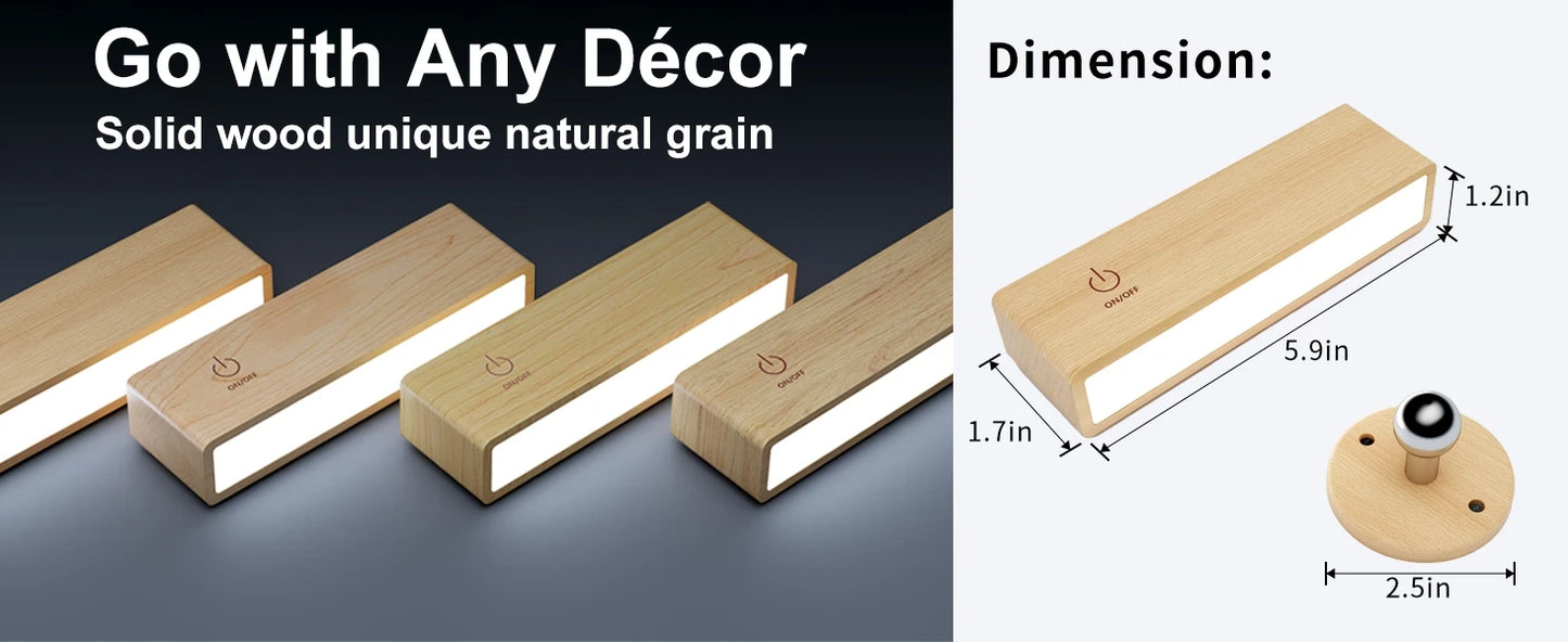 Nordic Wood Wall Lamp With 360 Rotate Dimmable Wall Sconce Touchable Magnetic For Bedroom Cordless Wall Mount Light For Reading