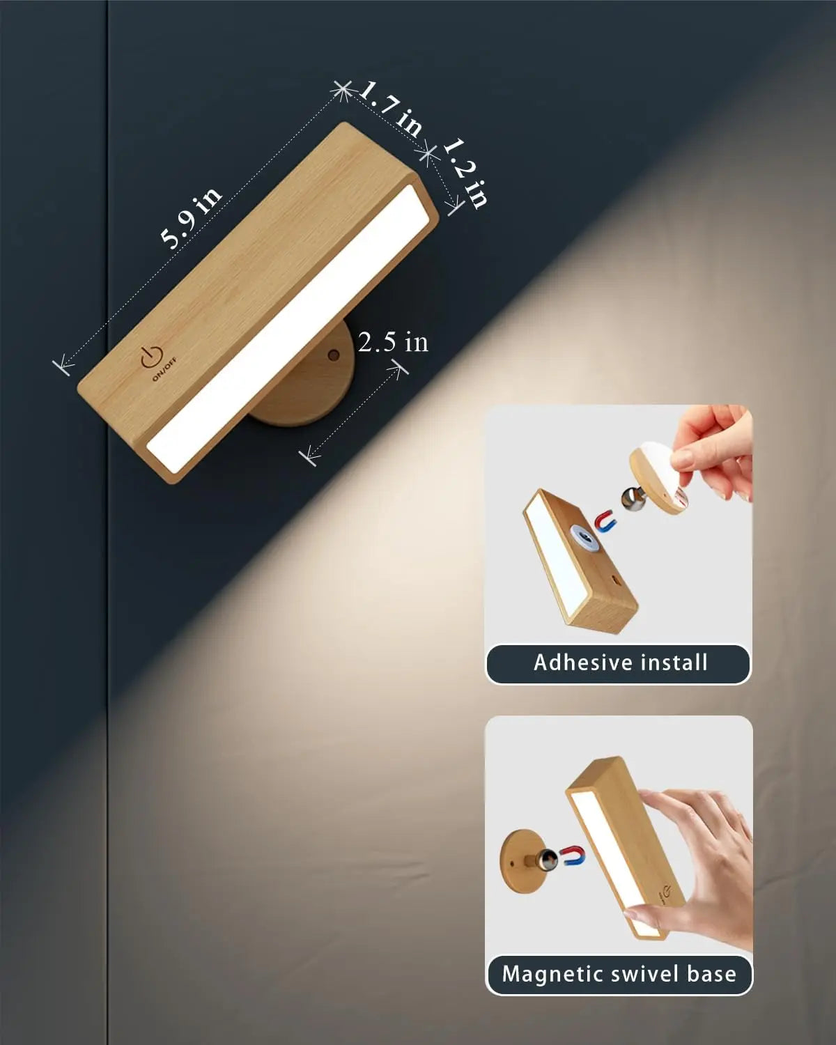 Nordic Wood Wall Lamp With 360 Rotate Dimmable Wall Sconce Touchable Magnetic For Bedroom Cordless Wall Mount Light For Reading
