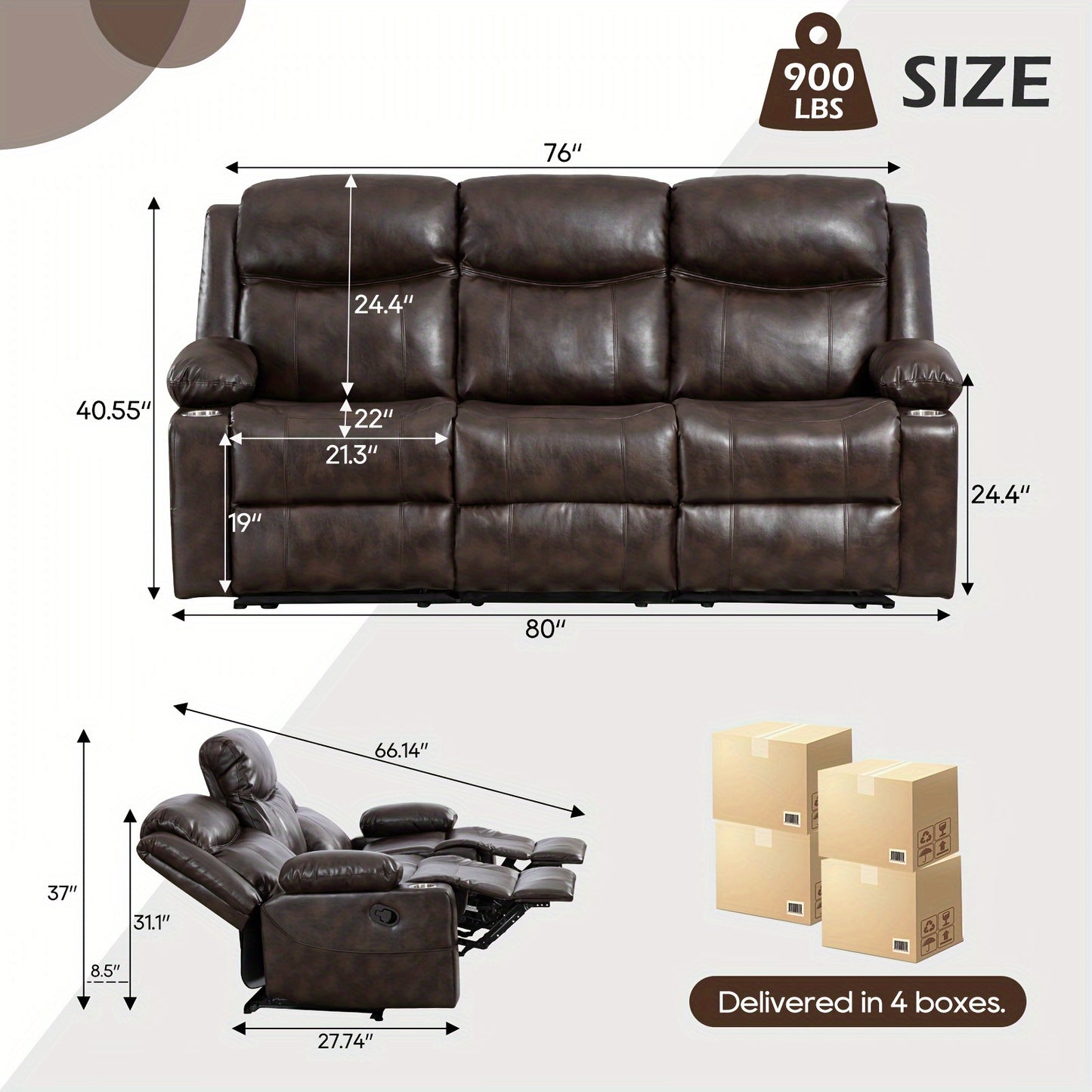 Consofa Manual Recliner Chair Set, Fabric Reclining Sofa Chair With Cup Holders, Upholstered Recliner With Side Pockets Suitable For Living Room Furniture (3Brown