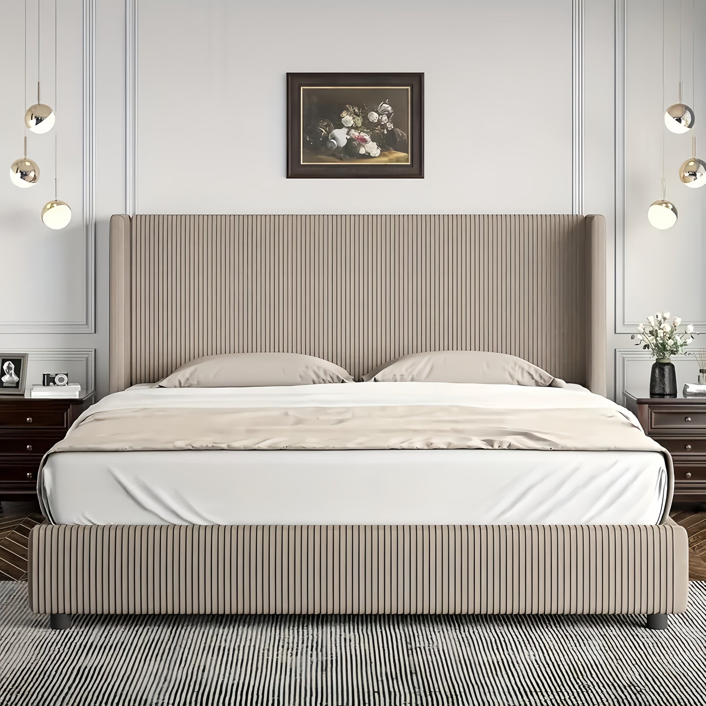 Bedroom Furniture| Elegant Beige Corduroy Upholstered Bed Frame - Soft, Low Profile Platform Bed with Vertical Tufted Headboard, No Box Spring Needed, Easy Assembly, Hardwood Fiber Board, Full Body Support, Bed Accessories
