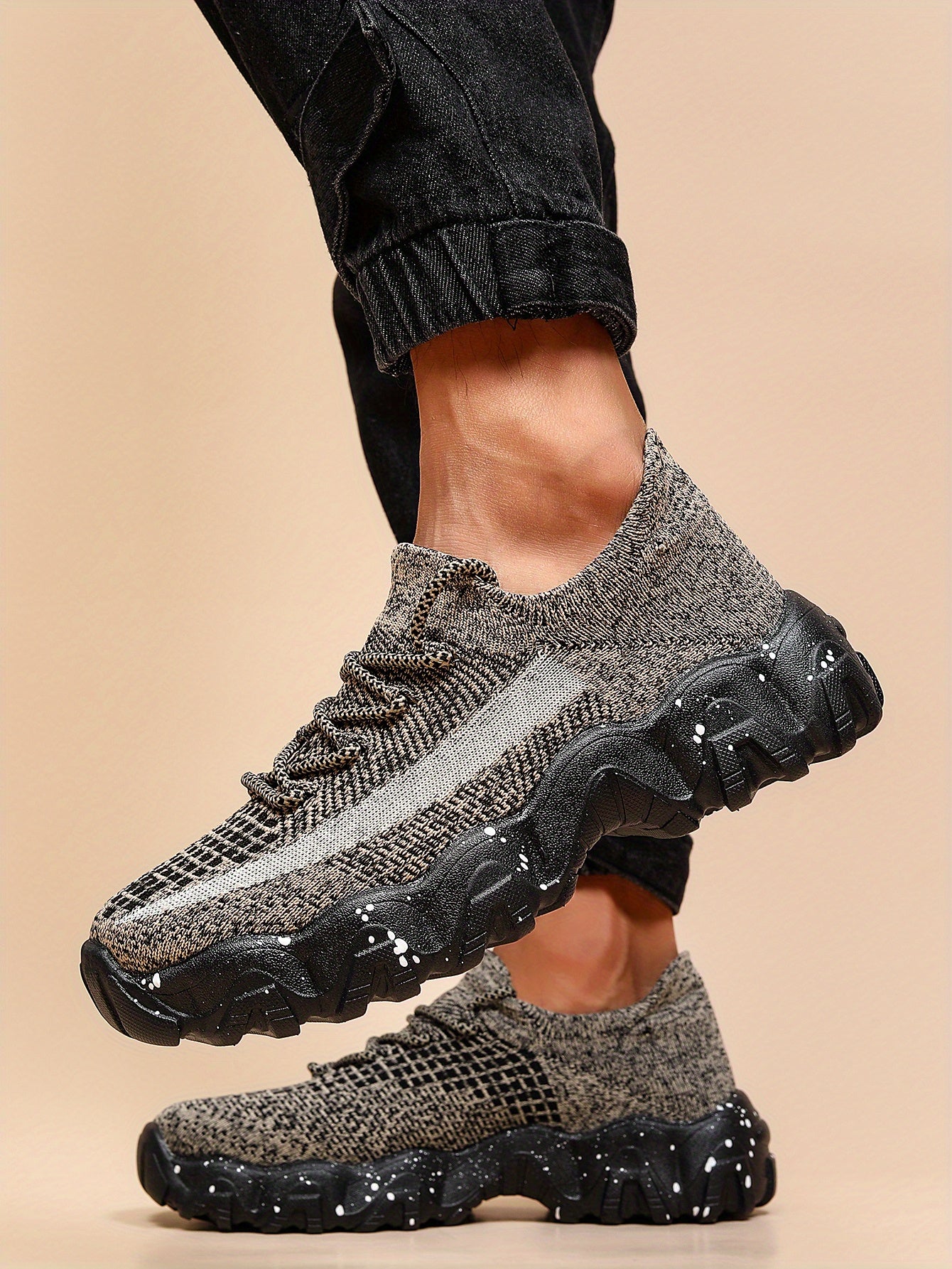 Men'S Casual Sneakers - Breathable Knit Upper, Geometric Pattern, Lace-Up Closure, Durable Rubber Sole, Comfortable Fabric Lining for Spring Sports & Casual Attire, Athletic Footwear | Geometric Pattern Shoes | Knit Construct
