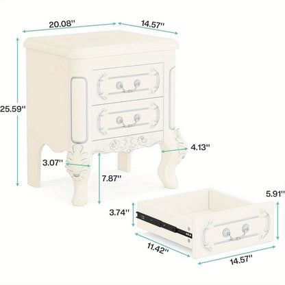 White Nightstand, End Table with 2 Drawers, Carved Bedside Tables, Side Table for Living Room, Classic Night Stand Furniture