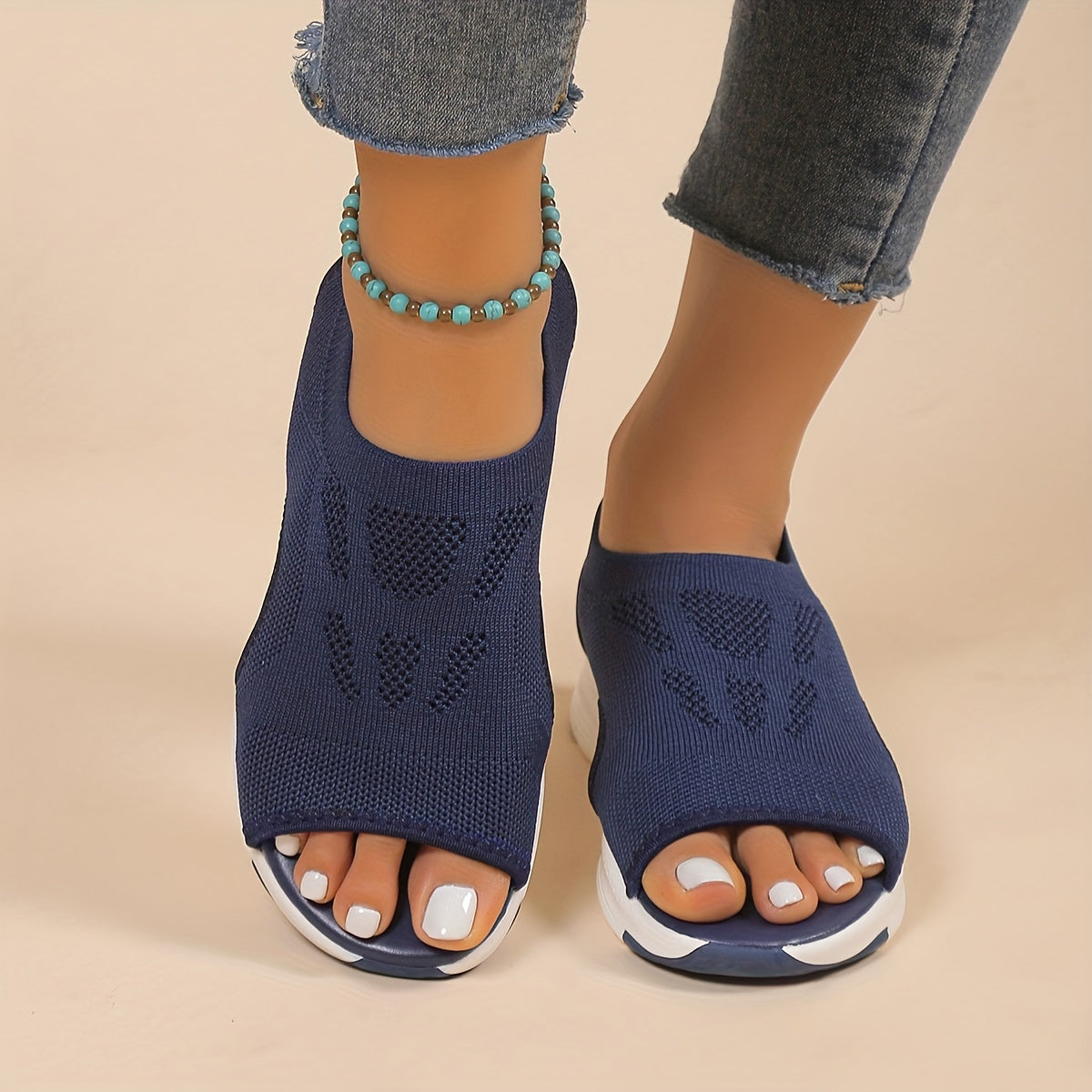 [Knitted Sandals] Lightweight Women's Knitted Cut-out Sandals | Solid Color Open Toe Slip On Shoes, Wedge Shoes