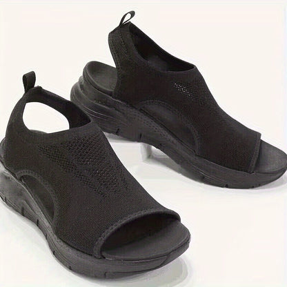 [Knitted Sandals] Lightweight Women's Knitted Cut-out Sandals | Solid Color Open Toe Slip On Shoes, Wedge Shoes