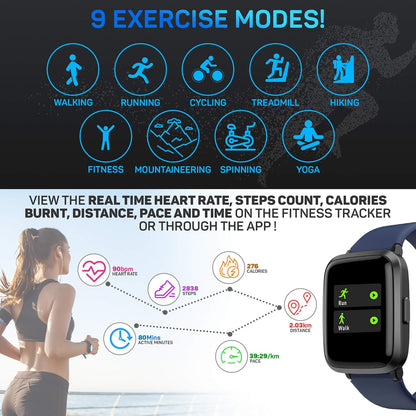 Pro-Fit Go Veryfitpro Smart Watch Activity Fitness Tracker Heart Rate Blood Oxygen Blood Pressure & Sleep Monitor Calorie Counter Pedometer Compatible with Iphone Samsung & Android (ID205U) (Blue)