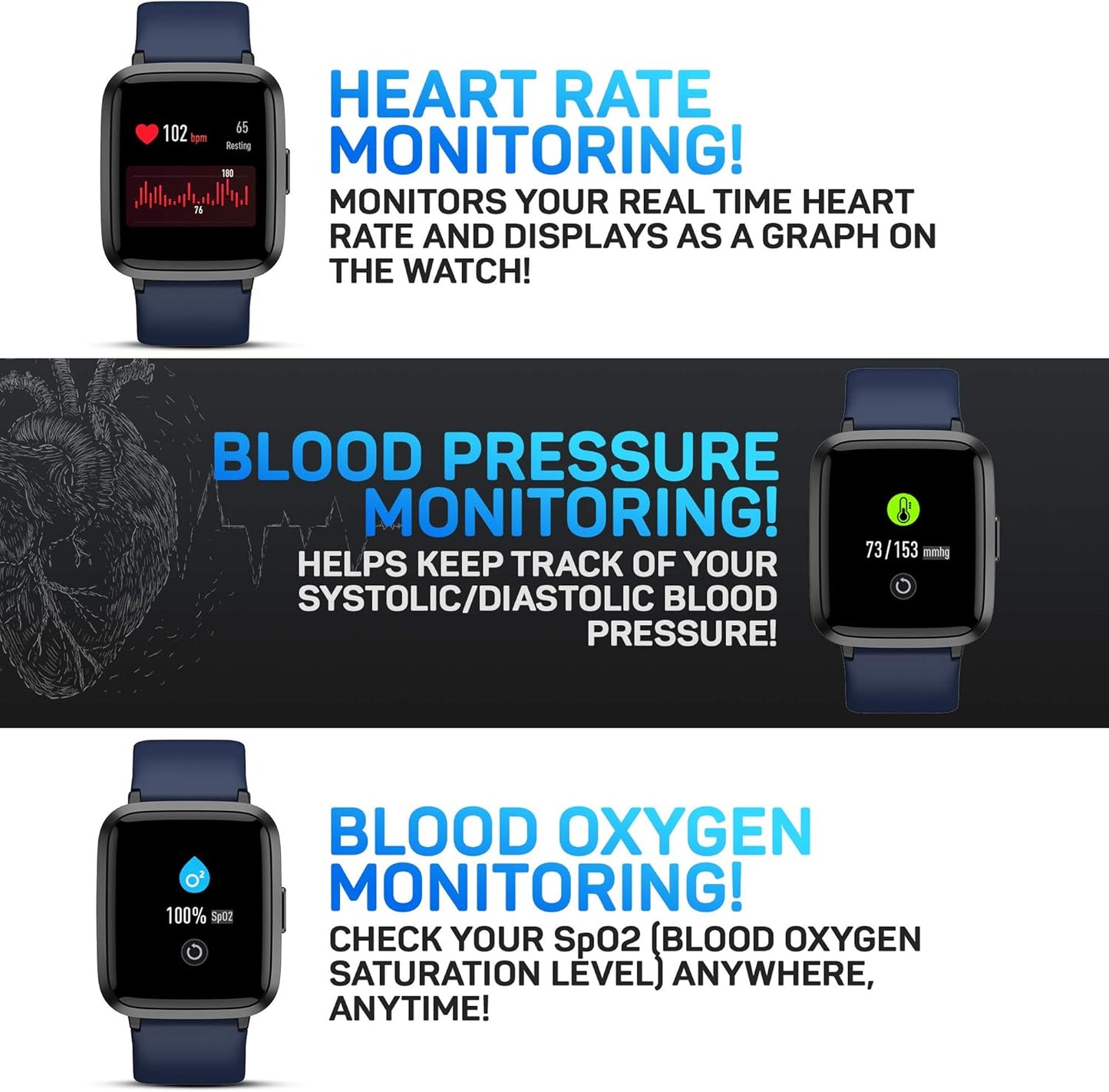 Pro-Fit Go Veryfitpro Smart Watch Activity Fitness Tracker Heart Rate Blood Oxygen Blood Pressure & Sleep Monitor Calorie Counter Pedometer Compatible with Iphone Samsung & Android (ID205U) (Blue)