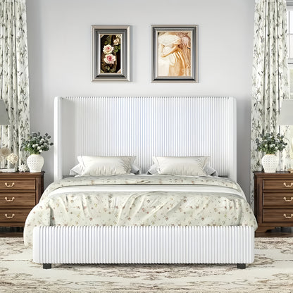 Bedroom Furniture| Elegant Beige Corduroy Upholstered Bed Frame - Soft, Low Profile Platform Bed with Vertical Tufted Headboard, No Box Spring Needed, Easy Assembly, Hardwood Fiber Board, Full Body Support, Bed Accessories