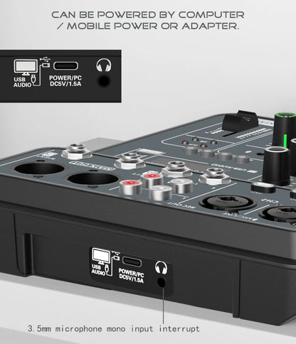4 Channel Audio Mixer 48V Phantom Power USB Studio Sound Mixers Bluetooth DJ Console Mixing for Karaok