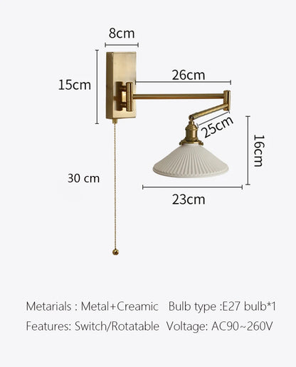 New Swing Arm Wall Lamp Nordic Bedroom Bedside Study Living Room Vinatge Brass Led Wall Sconce Creative Creamic Wall Lights