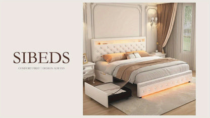 Sibeds Queen Size Bed Frame With LED Lights, Upholstered Bed Frames Full With 2 Storage Drawers, King Size Platform Bed With Adjustable Crystal Button Tufted Headboard, No Box Spring Needed, PU Luxury Beds Girls Men'S Bedroom